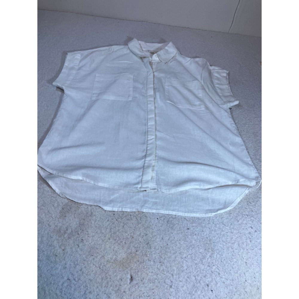 Caslon Women White Linen Blend Short Sleeve Button Down Shirt Size M Pocket Top